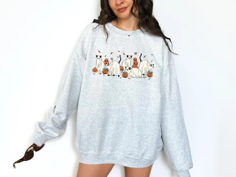 Halloween Ghost Cat Sweatshirt, Cat Halloween Sweatshirt, Cute Cats Halloween Shirt, Ghost Black Cat Shirt, Spooky Season Ghost Cats T-shirt