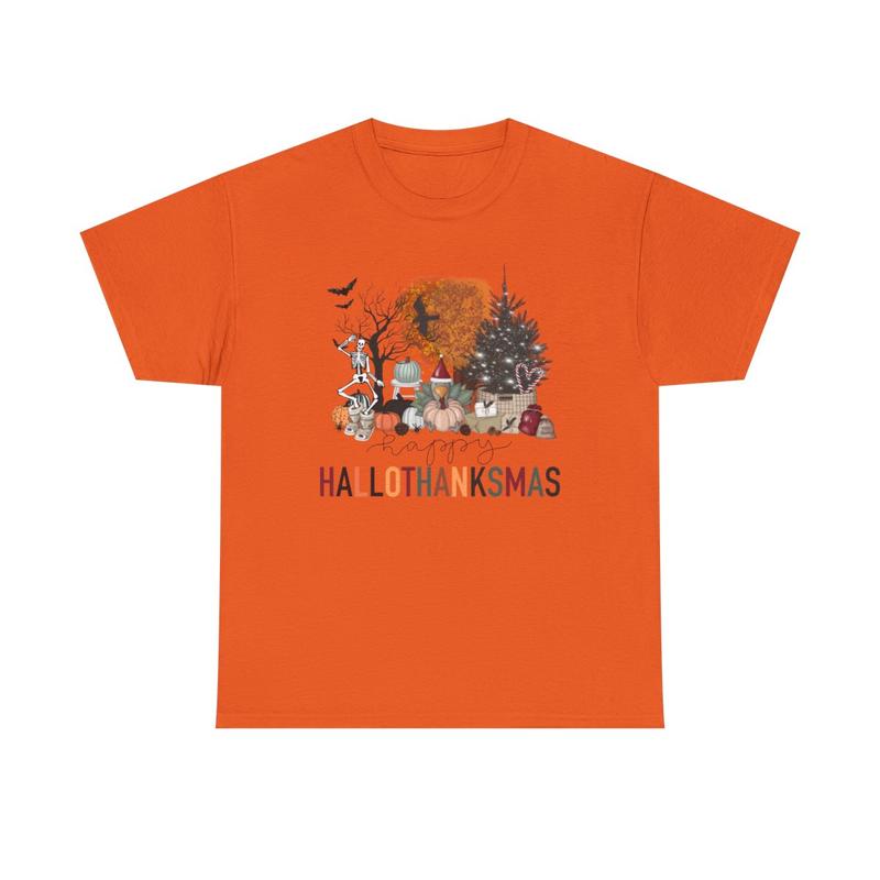 Happy Hallothanksmas Unisex Heavy Cotton Tee - Halloween - Thanksgiving - Christmas - Holiday Shirt - Pumpkin - Ghost - Christmas Tree - Snow - Turkey