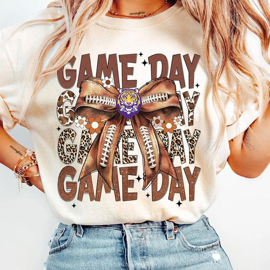 Vintage LSU Football Coquette Bow Game Day Shirt, Gameday Women's Sweatshirt Cotton Fit Top Womenswear
