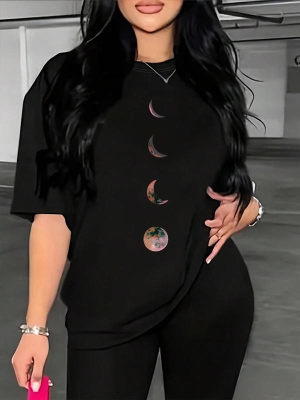 Women's Moon Print Round Neck Drop Shoulder Tee, Fashion Casual Crew Neck T-Shirt for Daily Outdoor Wear, Ladies Summer Clothes