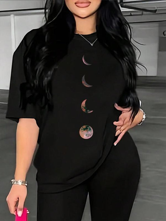 Women's Moon Print Round Neck Drop Shoulder Tee, Fashion Casual Crew Neck T-Shirt for Daily Outdoor Wear, Ladies Summer Clothes