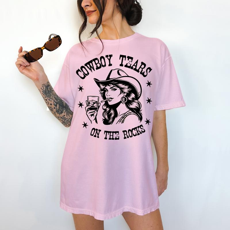 Cowboy Tears on the Rocks- T-Shirt -  Print is Sublimation, Unisex T-Shirt, Funny Tee,Gift Idea, Relaxed Fit, Casual Apparel, Great with Jeans, Womens