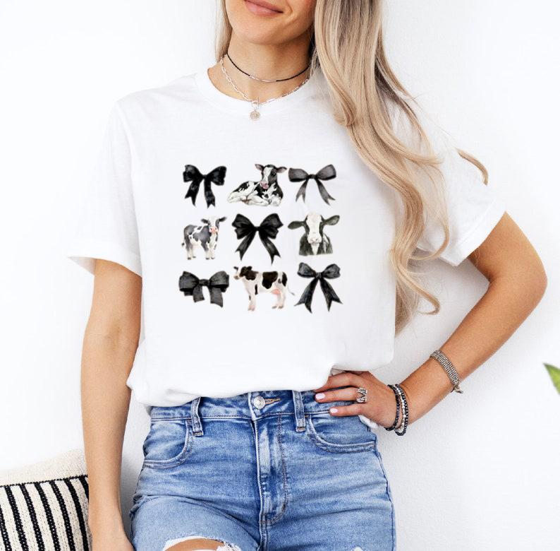 Coquette Cows and Bows Sweatshirt, Women's Farm Aesthetic Tee, Women's Comfort Colors Graphic Tee, Cow Lovers T-Shirt, Unisex Cotton Shirt, Gift For A