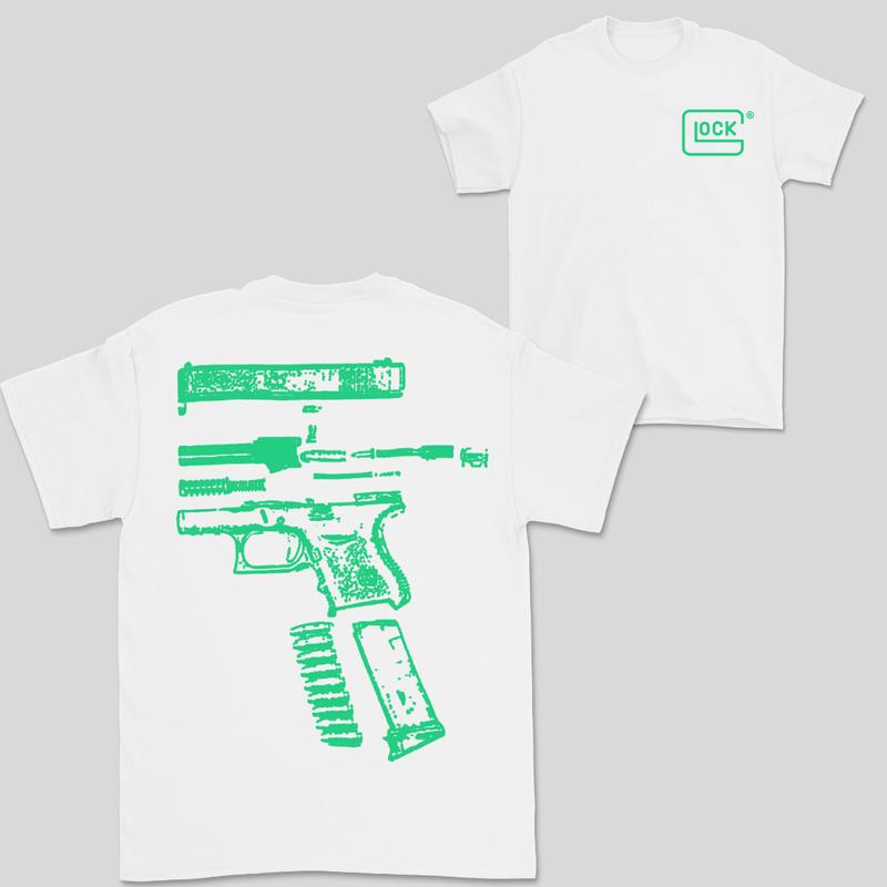 In Glock We Trust Double Side White Version Shirt Menswear Top, New Design color Red,Yellow,Blue,Green,Light Pịnk,Purple,White