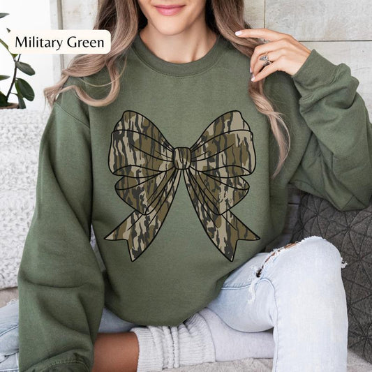 Coquette Camo Bow Sweatshirt, Camo Crewneck, Women's Hunting Sweatshirt, Wife Hunting Crewneck, Dove Hunting Duck Hunting Crewneck Sweatshirt for Wome