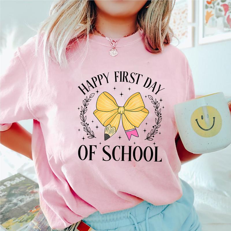 Happy First Day Of School Shirt, Pencil Bow Teacher Shirt, Coquette Bow Teacher Shirt, Back To School Shirt, Gift For Teacher, Teacher Appreciation Gi
