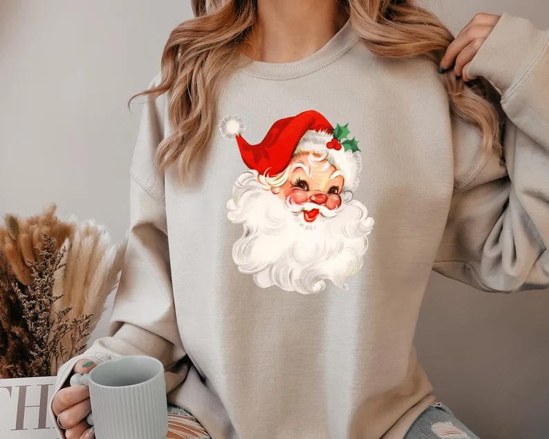 Retro Santa Sweatshirt, Vintage Santa Sweatshirt, Retro Christmas Santa, Holiday Clothing Women, Christmas Sweatshirt for Woman, Holiday
