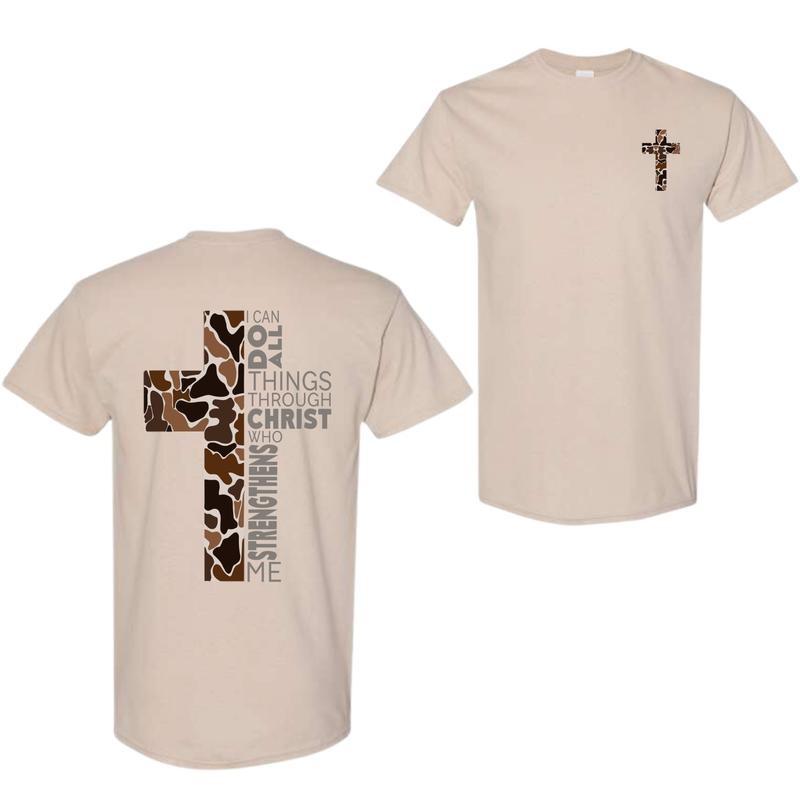Christian T-Shirt, Camo Cross Design With Philippians 413 Verse, Perfect For Faithful Believers And Outdoorsmen