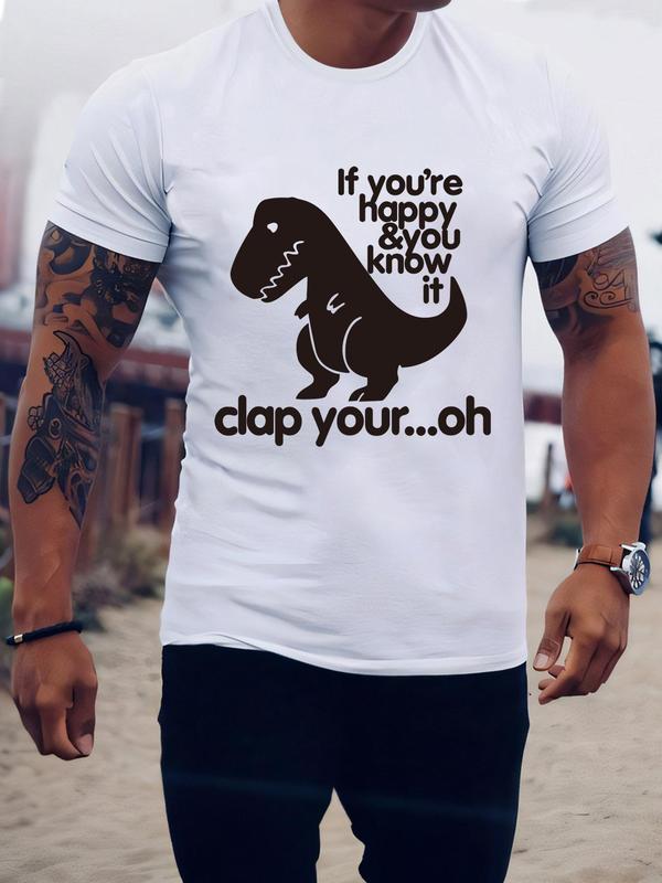 Men's Regular Fit Dinosaur & Letter Print Round Neck Tee, Summer Clothes, Casual Soft Comfy Graphic Short Sleeve T-shirt for Summer, Slogan Tees, Men'