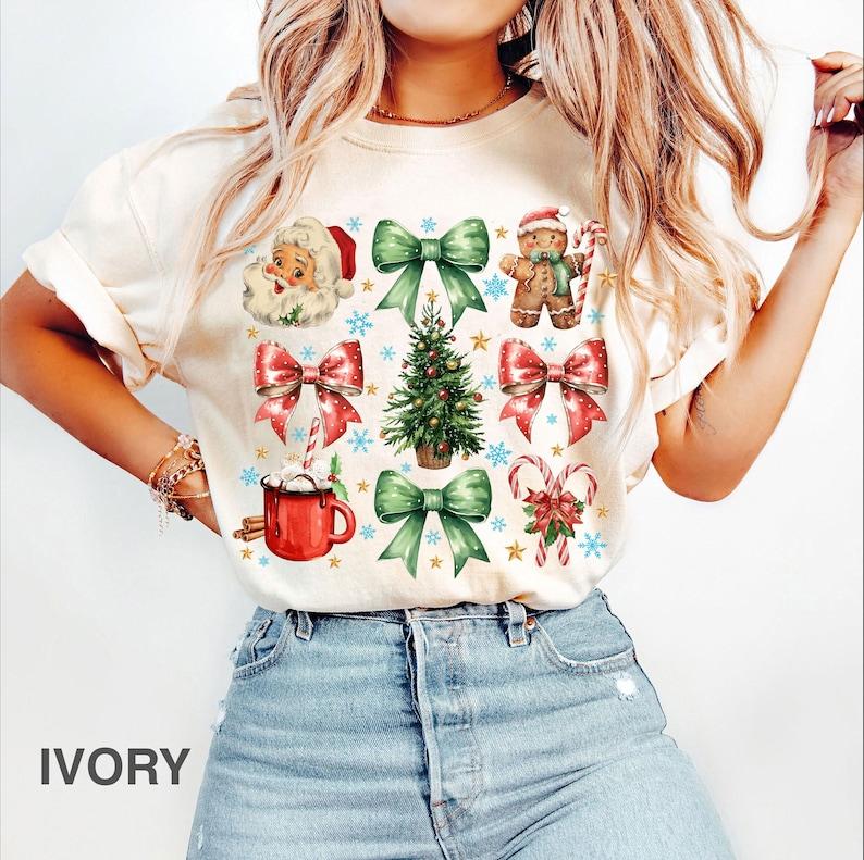 Vintage Christmas Coquette Bow t-shirt, Woman Xmas Shirt, Christmas Girl t-shirt, Retro Holiday t-shirt,Retro Santa shirt