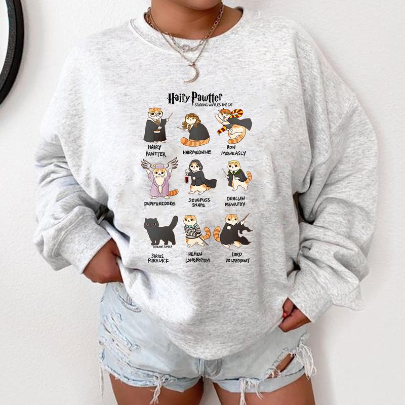 HP Potter Meow Sweatshirt Hoodie Shirt, gift for fan Cotton Menswear Relaxed Fit Sweaters Tee