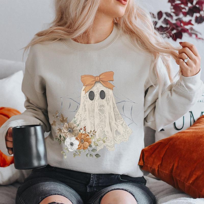 Halloween Lace Ghost Sweatshirt, Ghost Bow Crewneck, Coquette Halloween Sweater, Spooky Fall Floral Long Sleeved Sweatshirt, Cute Ghost Lovers