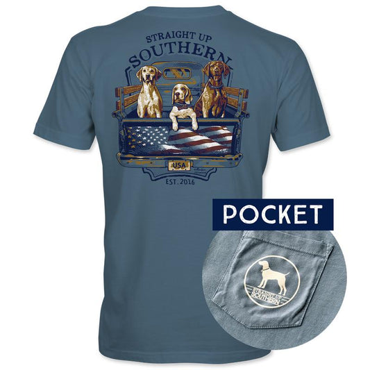 USA Truck Dogs - Southern Dogs and American Flag T-Shirt Pocket T-Shirt - Blue