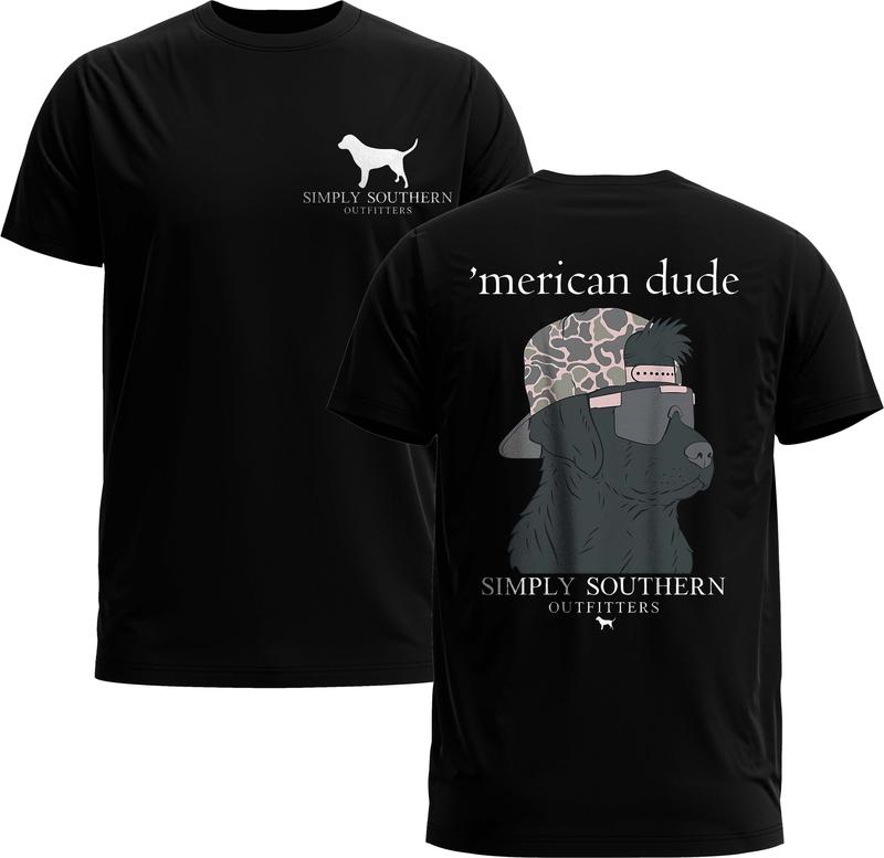 Simply Southern Camo Merican Dude 2 Sided Short Sleeve T-Shirt - Simply Southern Tee - Gildan 5000 Graphic Shirt, Heavy Cotton, Full Sizing & Colors