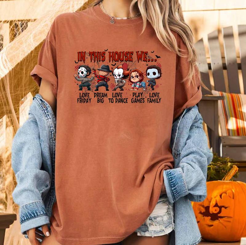 In This House We Shirt, Funny Halloween Shirt, Retro Halloween Shirt, Funny Pumpkin Hoodie Design, Horror Movie Killers Shirt