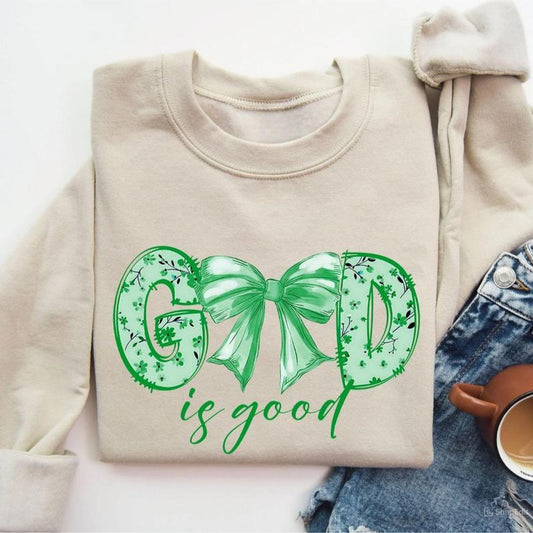 God is Good Coquette Bow Flowal Green Version Unisex Crewneck Sweatshirt, Jesus Christian Bible Verse Religious Tee
