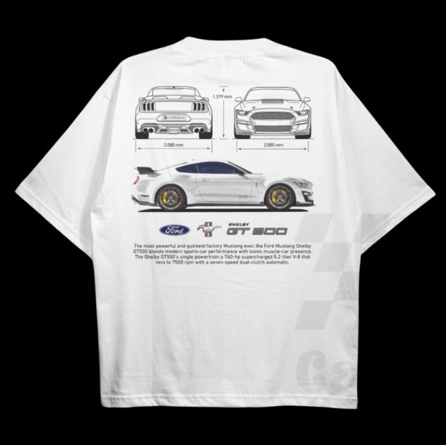 Drive in Style Car-Themed T-Shirts, Mustang Shelby GT500 WHITE T-Shirt, Mustang Shelby GT500 Technical Specs T-Shirt, Racing Shirt, Sport Car Shirt