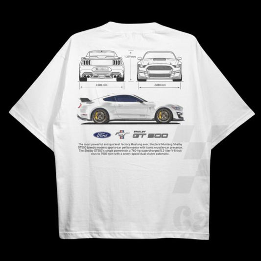 Drive in Style Car-Themed T-Shirts, Mustang Shelby GT500 WHITE T-Shirt, Mustang Shelby GT500 Technical Specs T-Shirt, Racing Shirt, Sport Car Shirt
