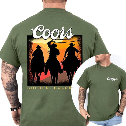 Men's Vintage Sunset Coors Cowboy Shirt 2-Sided, Wild West Cowboy Unisex Graphic Tshirt, Gift For Men, Soft Fabric Casual Menswear, Classic Cotton Top
