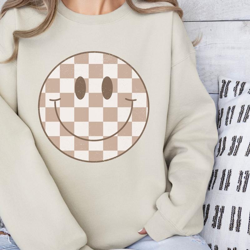 Checked Smiley Crewneck Sweatshirt, Womenswear Soft Printed Sweatshirt, Smiley Face Trendy Cozy Oversized Top