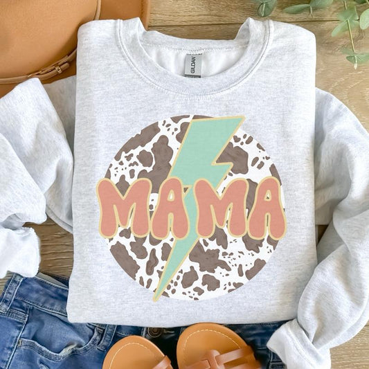 Mama Cow Print Lightening Bolt Sweatshirt - Ash Grey - Sublimation - Unisex Sizing