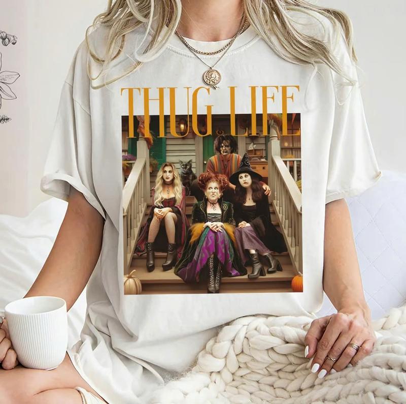 Thug Life Halloween Bad W1tches Shirt, Retro Halloween Character Shirt, Halloween S4nderson Sisters Gift Casual Cotton Fabric Sleeve Top Womenswear