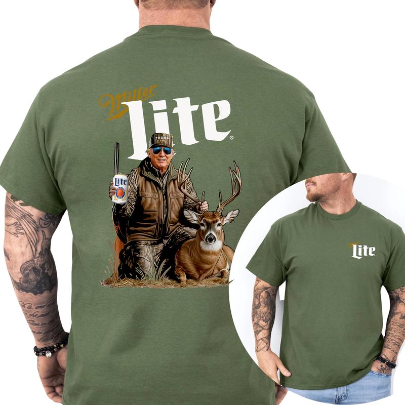 Camo Hunter Trummp With Miler Lite Beer Shirt 2-Sided, Vintage Men's Buck Hunting Tshirt, Beer Drinking Tee, Unisex Hunt Tops, Classic Casual Menswear