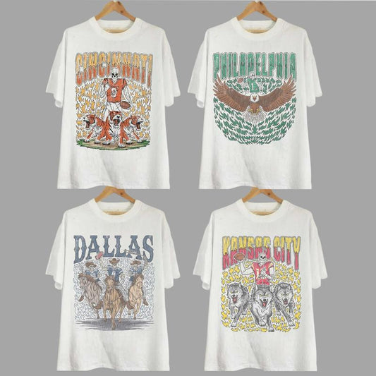 Retro Skeleton All Teams Football T-shirt, Gildan 5000 Unisex Crewneck Sport Classic T-Shirt, All Teams Football, White Menswear Soft Tee, Vintage Gra