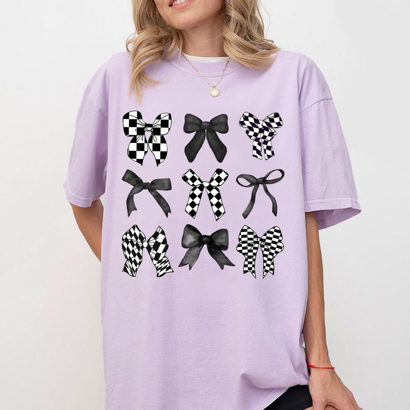 Coquette Checkered Black Bow Shirt, Black Bows Coquette Shirt, Gift for Her, Gift for Mom, T-Shirt for Women, Coquette Bows Checkered T-Shirt, Black B