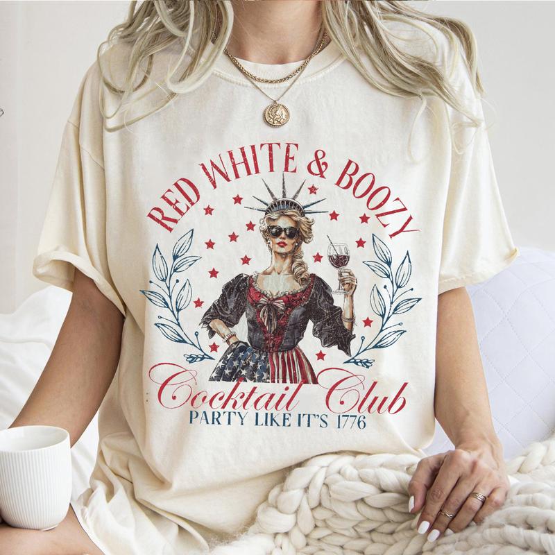 Red White and Boozy Cocktail Club Tshirt, 4th of July Lady T-Shirt Unisex Classic Cotton Collar