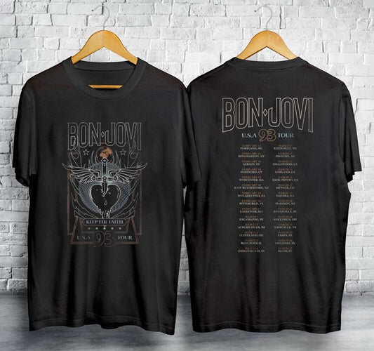 Bon Jovi Keep the Faith USA Tour 1993 Mens T Shirt Rock Band Album Concert Merch, Gift For Fan, Trendy Tee, Graphic Single Rap Hop Hip, 2024 Tour Fans