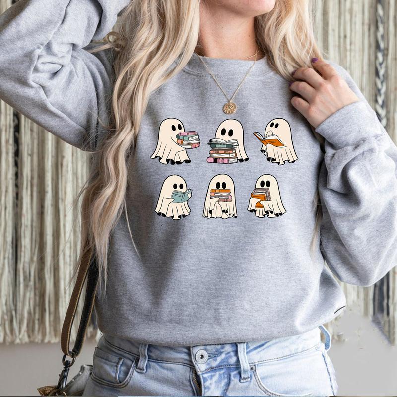 Ghost Reading Books Shirt, Bookish Halloween Shirt, Halloween Teacher Gift, Librarian Halloween Shirt, Ghost Shirt Top Womenswear