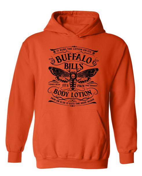 Buffalo Bill Sweatshirt - Blue Fleece Hoodie with Butterfly Graphic Design, Featuring It RUBS THE LOTION Text, Long Sleeve, Casual Style Sweathsirt