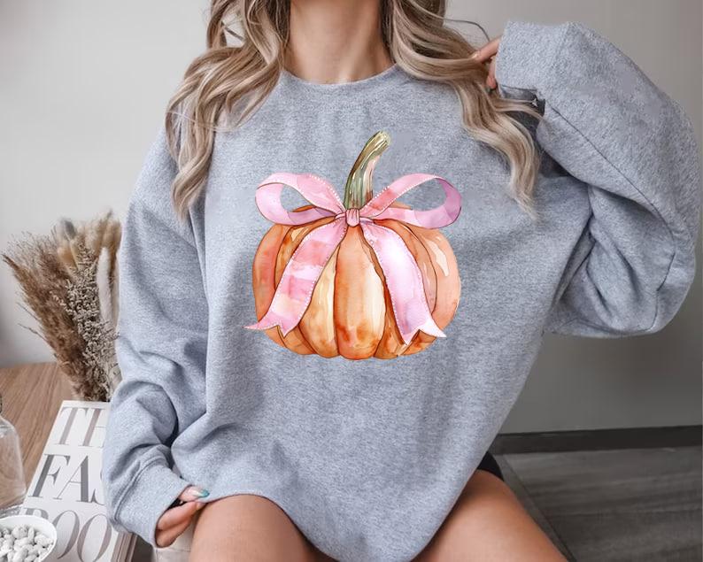 Pumpkin Coquette Bow Sweatshirt, Pink Bow Pumpkin Tee Shirt, Coquette Pumpkin Halloween Sweatshirt, Pumpkin Season Bow Shirt, Coquette Pumpkin Hallowe