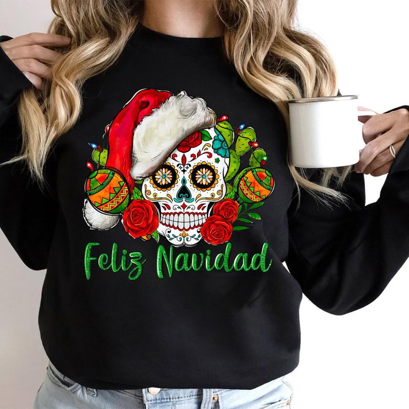 Feliz Navidad Sugar Skull Mexican Christmas T-Shirt