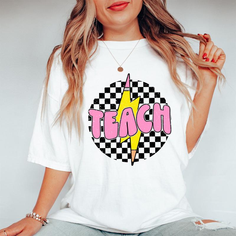 Checkered Teach Shirts, Pencil Lightning Shirt, Lightning Bolt Shirt, Teacher Appreciation Gifts, Shirt For Teacher, Retro Teacher T-shirt, Teacher Gi
