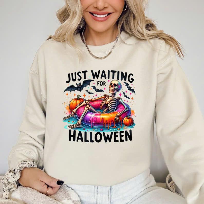 Just Waiting Halloween Shirt, Cute Spooky Summer Halloween Shirt, Funny Halloween, Trendy Skeleton Shirt Casual Fabric Sleeve Soft