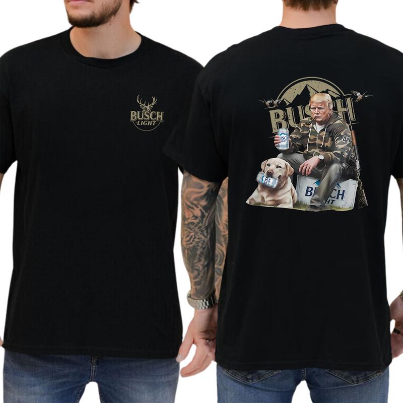 Hunter Trummpp Golden Dog Busch Light Beer Shirt 2-Sided, Men's Buck Hunting Graphic Tee, Drinking Shirt, Vintage Hunt Tops, Classic Casual Menswear