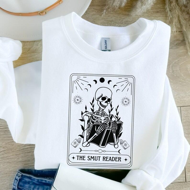 The Smut Reader Tarot Card Sweatshirt, Skeleton Reading Sweater, Book Lover Gift For Goth Mom