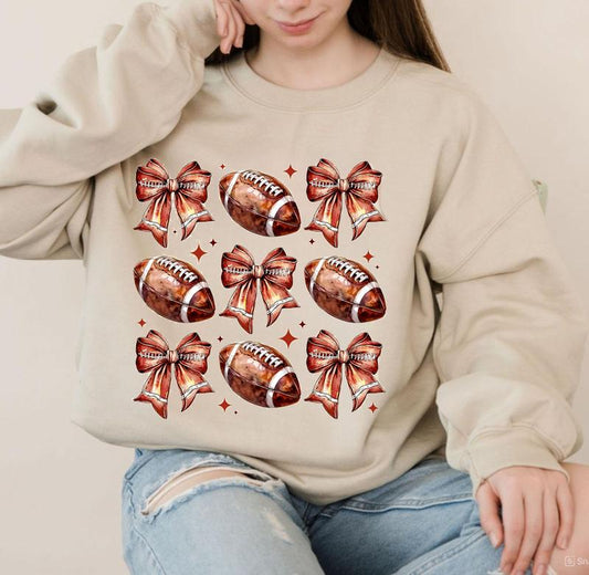 Fall Football Bows Sweatshirt, Coquette Football Bow Tee, Football Season Tee, Fall Football Season, Full Sizes, Full Colors, Cotton Round Neck Tee