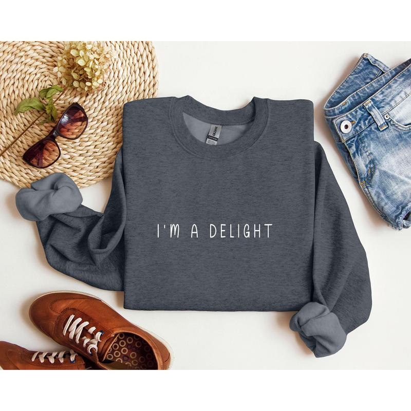 I'm A Delight Minimal Funny Sweatshirt, Sarcastic College Sweatshirt, Women's Crew Neck, Crewneck Casual Comfort Womenswear ComfortableÂ Graphic