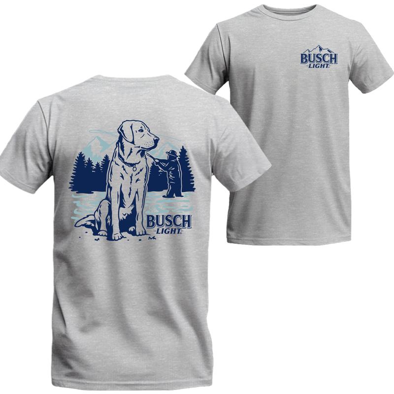 Busch Light - Fly Fishing with Dog scene  T-Shirt, Busch Light Short Sleeve Tee, Unisex Shirt