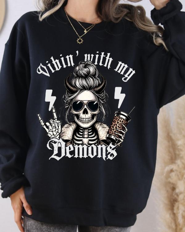 Vibin' with my Demons Coffee Skeleton Sweatshirt