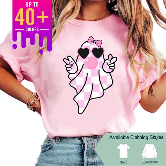Cute Girly Ghost Blowing Bubble Tee - Retro Checkered Bow Ghost Shirt - Adorable Pink Ghost T-Shirt - Perfect for â€˜On Wednesdays We Wear Pink, Gift fo