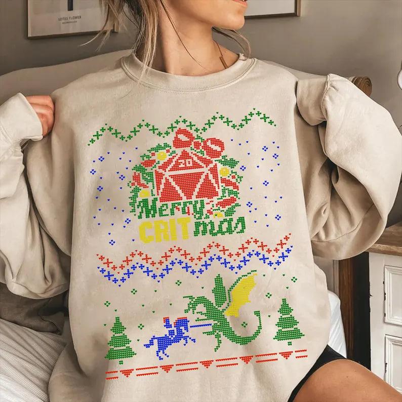 Dragons Christmas Party Sweatshirt, Christmas Sweatshirt For DnD Fans, Polyhedral Dice Xmas Hoodie, Merry Critmas Sweater, Dungeons and Dragons Christ
