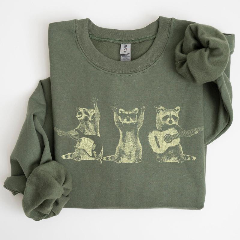 Raccoon Band, Playing Guitar, Funny Animals Sweatshirt, Crew Neck, Crewneck, Soft Unisex Graphic Casual Casual Comfort Womenswear ComfortableÂ Graphic