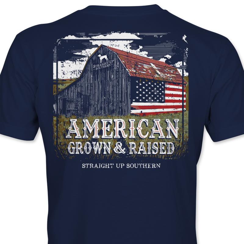American Grown Barn - Rustic Barn with American Flag T-Shirt - Navy