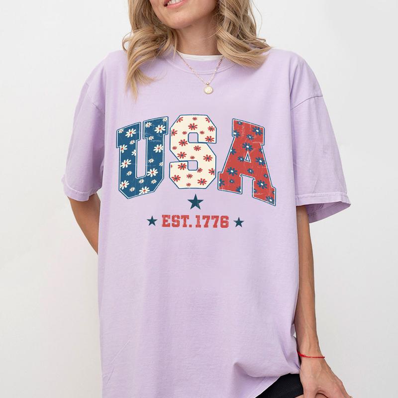 1776 America 4th of July Shirt, USA Floral Flowers Shirt, Comfort Shirt for Women, Retro America Shirt, 1776 Shirt, Comfort Oversized Tshirt, Independ