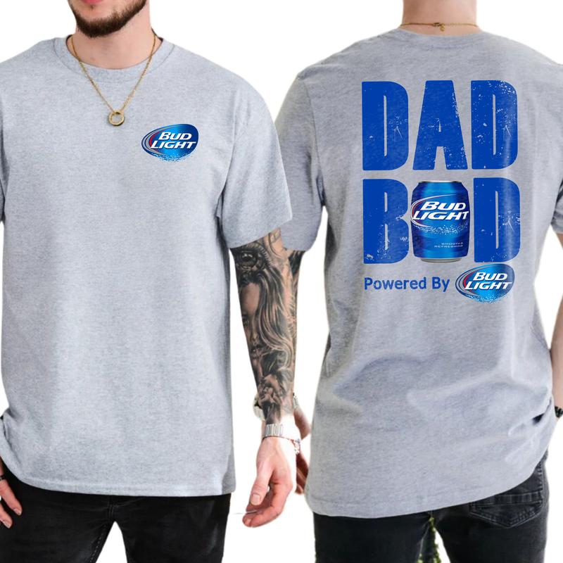 Bud Light Dad Bod Powered By Bud Light 2-Sided T-shirt for Men, Men's Beer Drinking Tees, Funny Drink Top for Daddy, Soft Cotton Classic Menswear