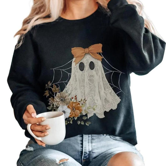 Halloween Lace Ghost Sweatshirt, Ghost Bow Crewneck, Coquette Halloween Sweater, Spooky Fall Floral Long Sleeved Sweatshirt, Cute Ghost Lovers